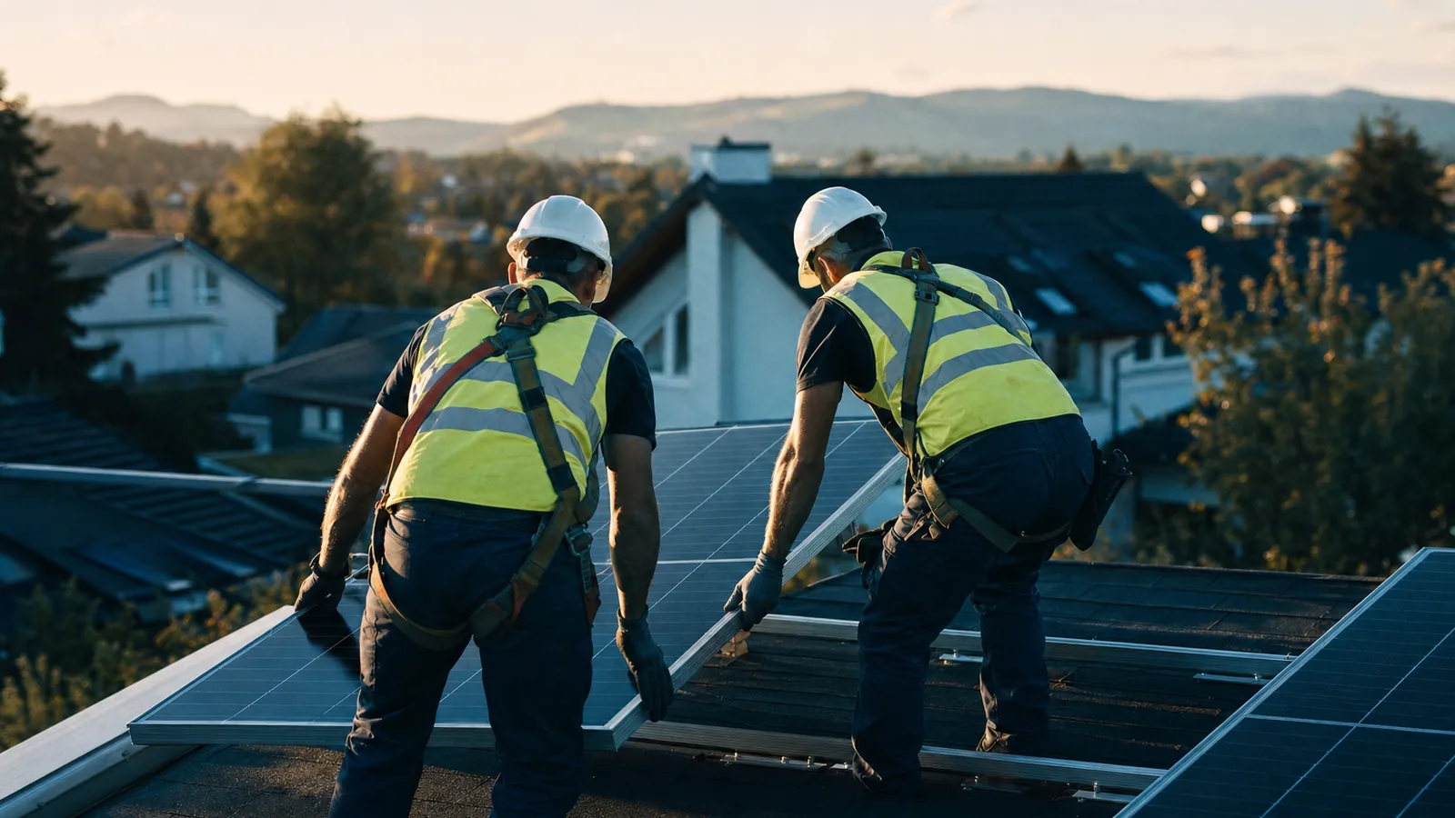 Dos técnicos colocando una placa solar sobre la cubierta de una vivienda.