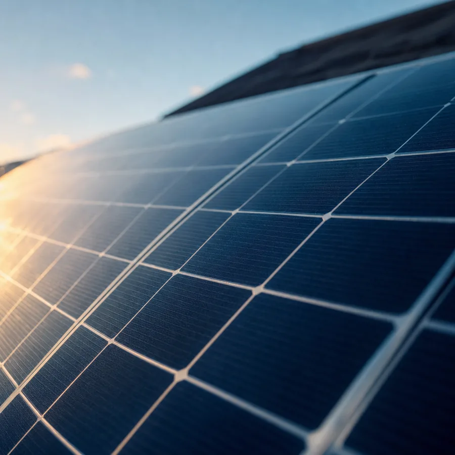 Detalle de las células de una placa solar con el reflejo del sol bajo.